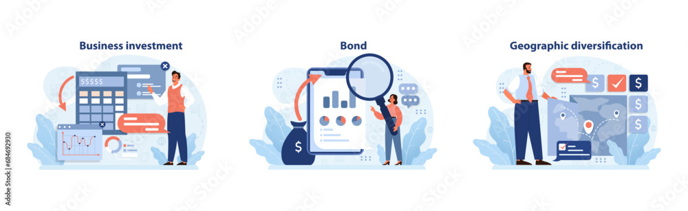 Investment strategy set. Exploring business growth, analyzing bonds, and ensuring geographic asset spread. Business prospects, financial evaluation, and global market reach. Flat vector illustration