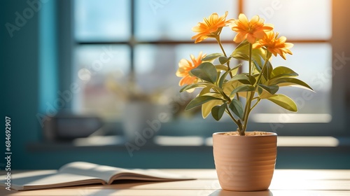 Cactus flower pot on a office desk  window in the background and sunlight  stock photo