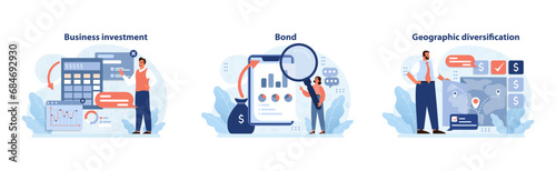 Investment strategy set. Exploring business growth, analyzing bonds, and ensuring geographic asset spread. Business prospects, financial evaluation, and global market reach. Flat vector illustration
