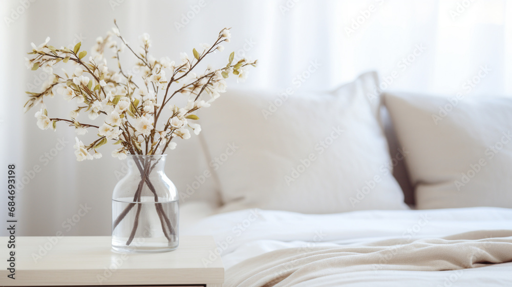 Zdjęcie poduszek z wazonem pełnym kwiatów w delikatnych kolorach - obrazy, fototapety, plakaty 