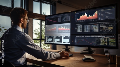 analyst uses computer and dashboard for data business analysis and Data Management System with KPI and metrics connected to the database for technology finance, operations, sales, marketing.