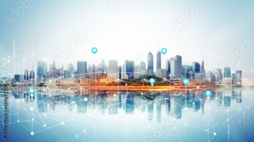 Smart city and communication network. Digital transformation, business, building, modern, urban, technology, connection, information, innovation, capita, future. © Space_Background