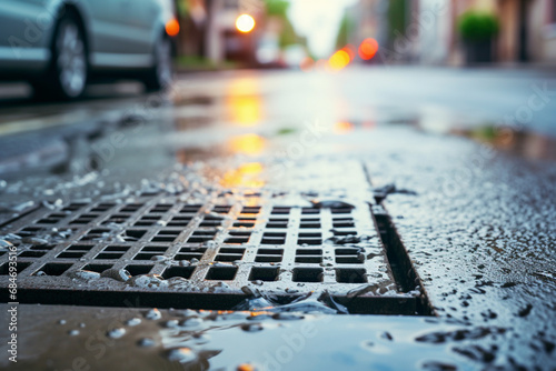 Close-up of a storm drain on a city street during the rain. Storm sewer during a downpour photo