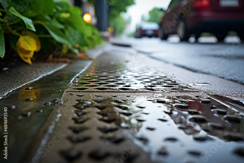Close-up of a storm drain on a city street during the rain. Storm sewer during a downpour