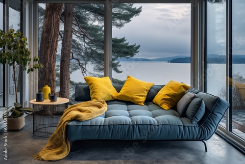 Blue sofa with yellow pillows and blanket against floor to ceiling window with lake view. Scandinavian home interior design of modern living room