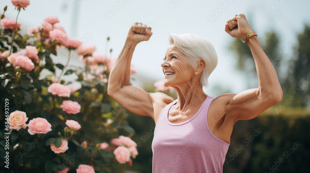 Obraz premium Uśmiechnięta starsza kobieta, babcia wznosi ręce do góry po treningu pełna energii