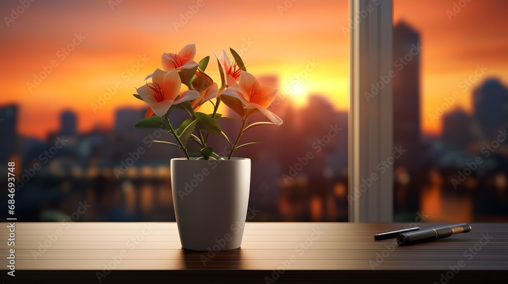 Succulent flower pot on a office desk, window in the background and sunlight, stock photo Succulent flower pot on a office desk, window in the background and sunlight, stock photo