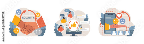 Diversity set. Unity in handshake, inclusive online feedback, love in digital communication. Equality in the workplace, unified teams, digital appreciation. Flat vector illustration.