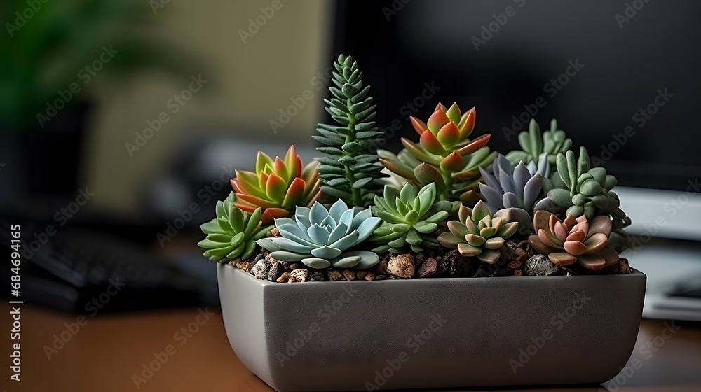 Flower pot on a office desk, succulent cactus vase, Generative AI Flower pot on a office desk, succulent cactus vase, Generative AI