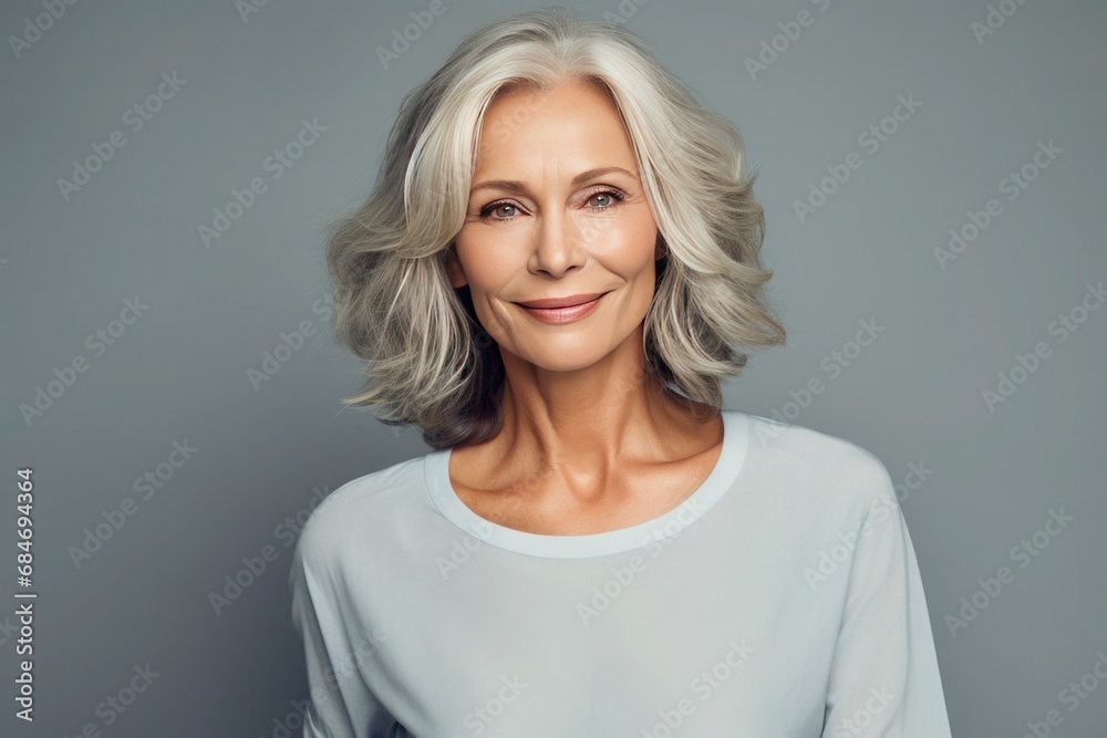 Portrait of beautiful well-groomed 50s mid age elderly modern woman with long bob haircut in light blouse on gray background - obrazy, fototapety, plakaty 