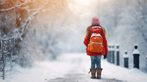 Dziewczynka wraca ze szkoły podczas zimowego dnia z plecakiem