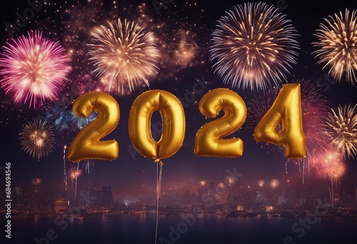  Happy New Year's Night with fireworks and Happy New Year 2024.