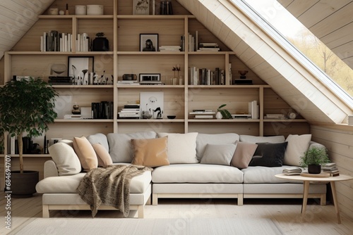 Corner sofa against shelving unit, scandinavian home interior design of modern living room in attic in farmhouse