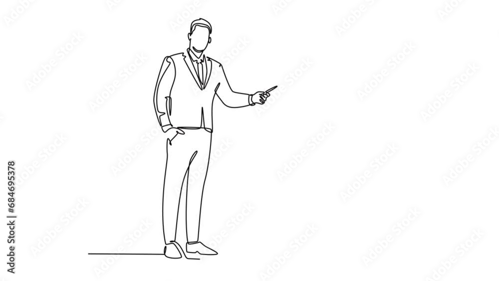 Animated self drawing of continuous line draw of young smart manager writing business success formula on flip chart and share it to audience. Business training concept. Full length one line animation Animated self drawing of continuous line draw of young smart manager writing business success formula on flip chart and share it to audience. Business training concept. Full length one line animation