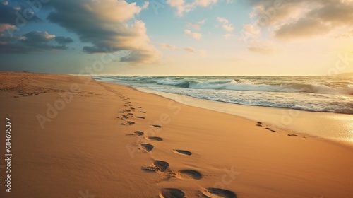 A serene morning view of a deserted beach, with footprints trailing into the distance.