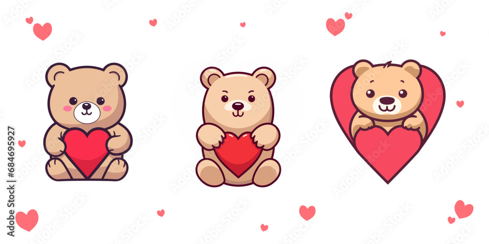 Naklejka premium Flat Style Cartoon Set of Teddy Bear Vectors: Cute Animal Compositions with Bears and Hearts for Valentine’s Day, Transparent background, png, vector