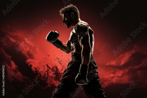 illustration full length of black and white silhouette of boxer in boxing gloves isolated art background