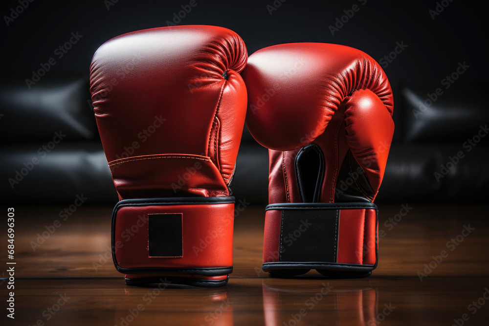 Pair of red boxing gloves on dark background, close up. Sports training