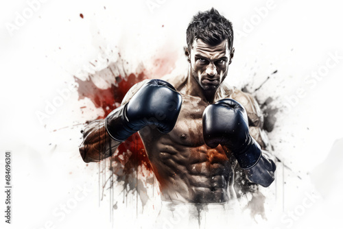  illustration of boxer with an aggressive look in boxing gloves on white background with splashes photo