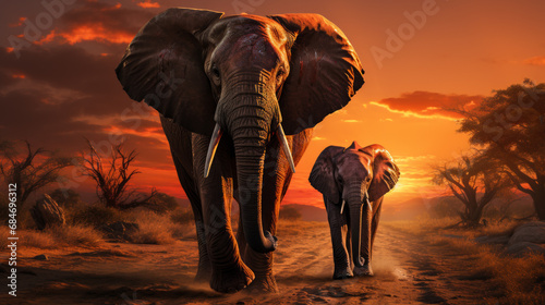 a large group of elephants are walking across the grassland at sunset