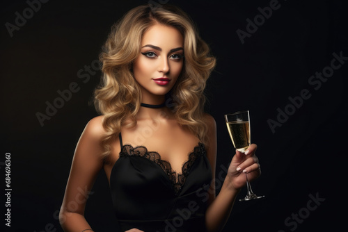 Woman holds glass of wine on dark background. Female in evening dress enjoying party. Holiday celebrating