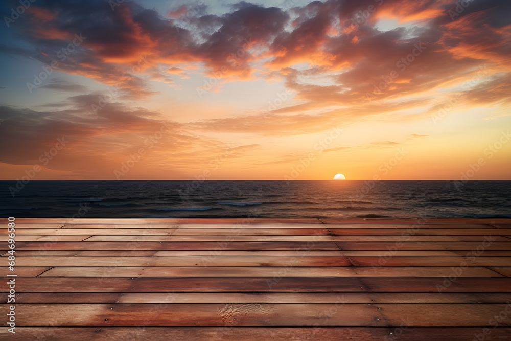 A wooden table for displaying products with a background of a sunset view.  Ai generate.