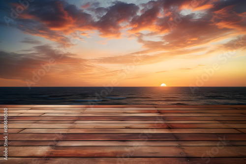 A wooden table for displaying products with a background of a sunset view.  Ai generate.