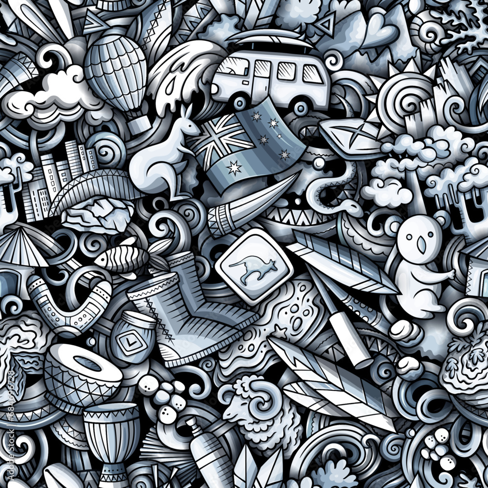 Cartoon doodles Australia seamless pattern. Cartoon doodles Australia seamless pattern.