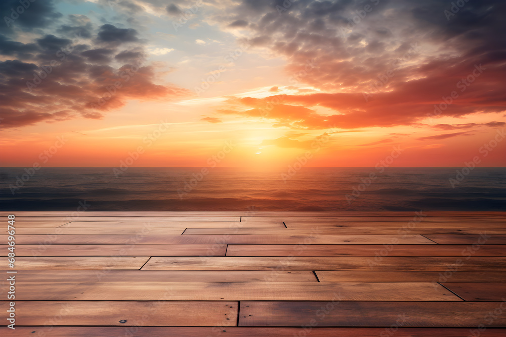 A wooden table for displaying products with a background of a sunset view.  Ai generate.