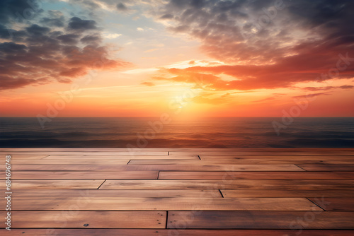A wooden table for displaying products with a background of a sunset view.  Ai generate. © MOUNTAIN