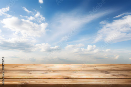 Wooden table for displaying products with a background of a bright sky and clouds. Ai generate.