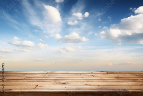 Wooden table for displaying products with a background of a bright sky and clouds. Ai generate.