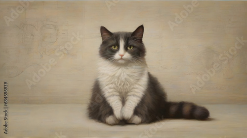 Fluffy black and white cat with white paws sitting on a plain background
