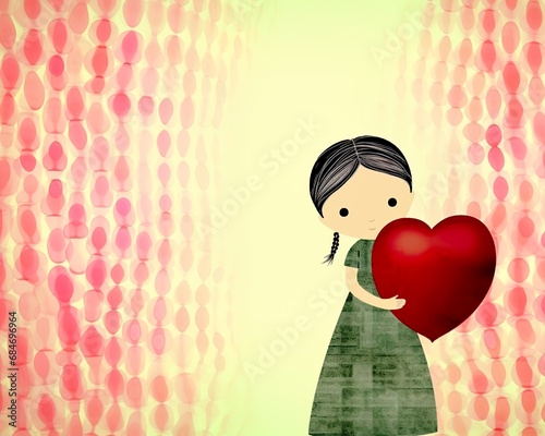Little girl in a green dress holding a big read heart, cute illustration with a watercolor patterned background. Love, emotion, concept for card, banner.