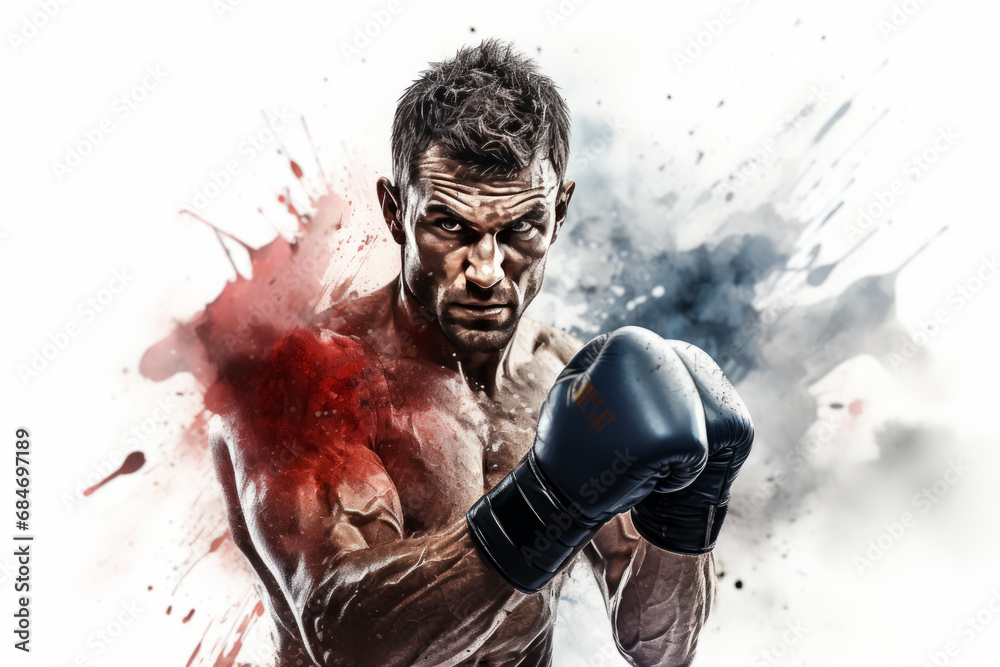  illustration of boxer with an aggressive look in boxing gloves on white background with splashes - obrazy, fototapety, plakaty 