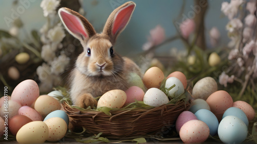The Easter bunny is surrounded by colorful eggs and flowers