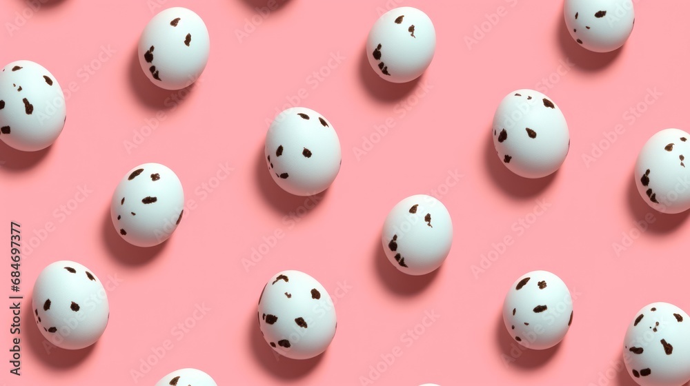 Seamless pattern of quail eggs on a pastel pink background. Top view, flat lay. Holiday Easter concept. Seamless pattern of quail eggs on a pastel pink background. Top view, flat lay. Holiday Easter concept.