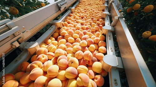 Fresh peaches on conveyor belt photo
