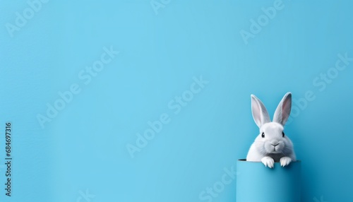 Easter white bunny in a blue top hat on a blue wall background. For Easter advertising with copy space