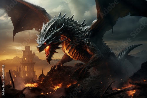 An imposing dragon unleashes a fiery breath against a backdrop of destruction. Dream fantasy concept © Cherstva