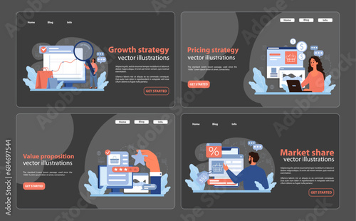 Business strategies set. Professionals analyzing growth graphs, understanding pricing, delivering unique value, and capturing market share. Digital interface exploration. Flat vector illustration