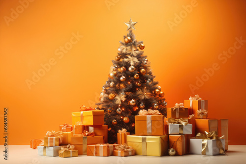 Beautiful Christmas tree with gift box near yellow wall. © Ruslan Gilmanshin