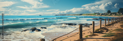 a wooden fence sits against a hilly sand dunes on the beach