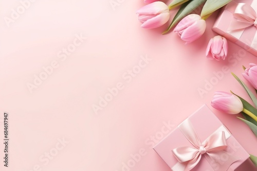 Heartwarming flat lay with tulips, gift, celebrating Mother's Day and International Women's Day (8 March) © Francesco