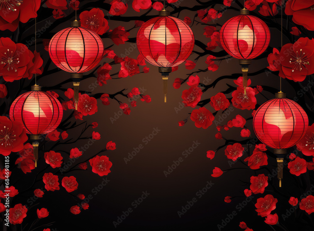 Red Chinese lanterns and cherry blossoms against dark background, festive oriental background. Chinese New Year.