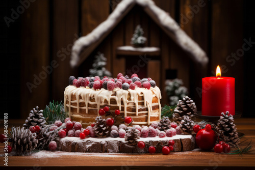 Holiday cake with white frosting and sugared berries on wooden table with pine cone and red candle. Handmade bakery concept