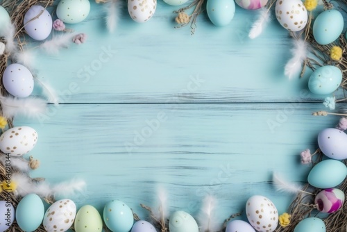 Easter frame with eggs and feathers on a blue wooden background. Minimal concept. View from above.