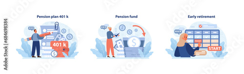 Retirement plans set. Exploring 401k benefits, accumulating pension fund wealth, initiating early retirement. Financial security, future planning. Investment strategy. Flat vector illustration.