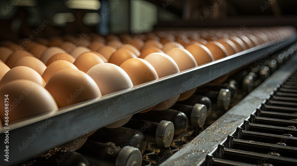 Automated sorting of raw and fresh chicken eggs - obrazy, fototapety, plakaty 