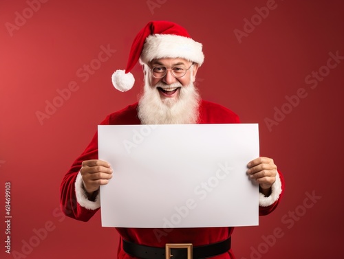 Cheerful Santa Claus captured in a moment of laughter, holding a blank paper